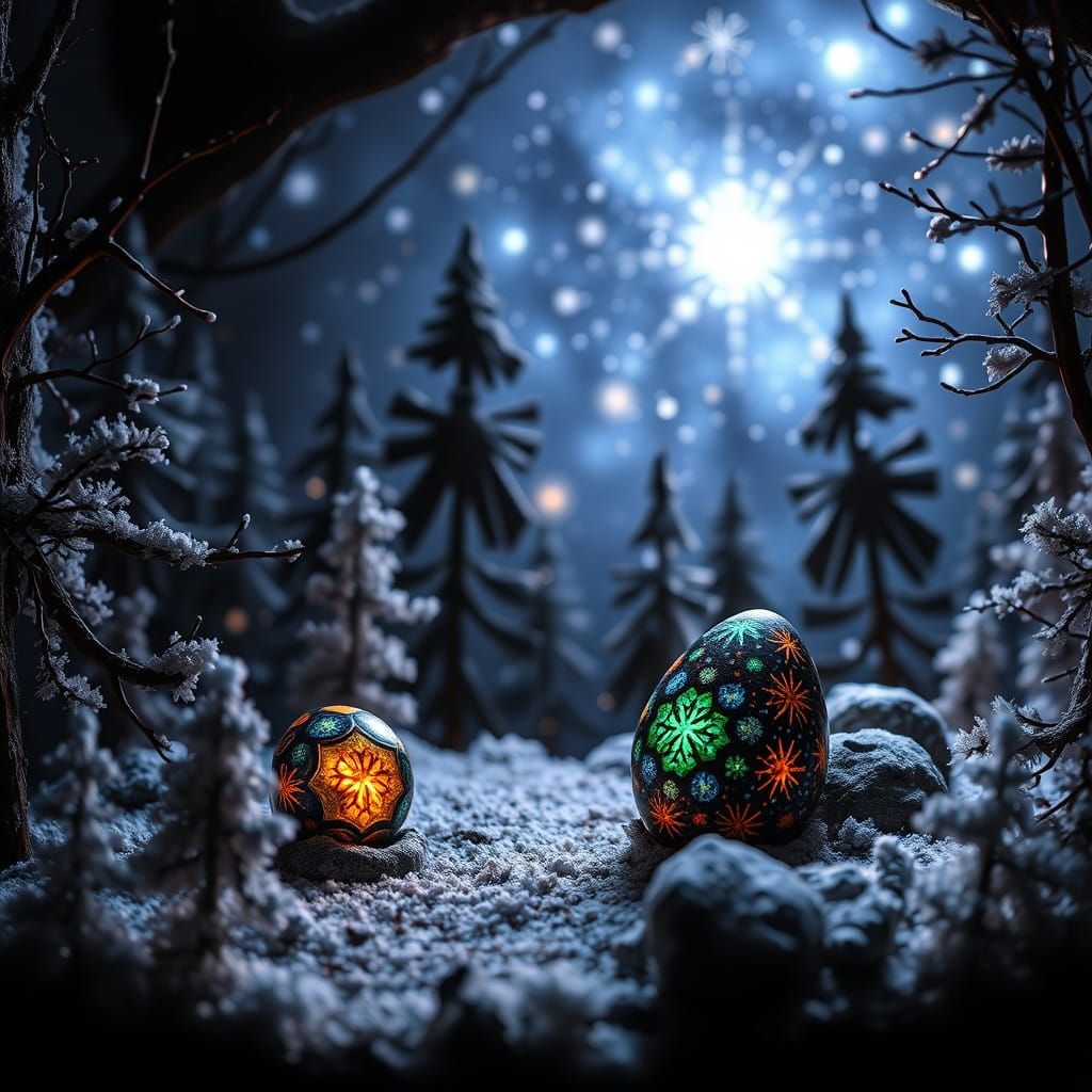 Whimsical Cosmic Diorama with Antimatter Snowflakes and Jewe...