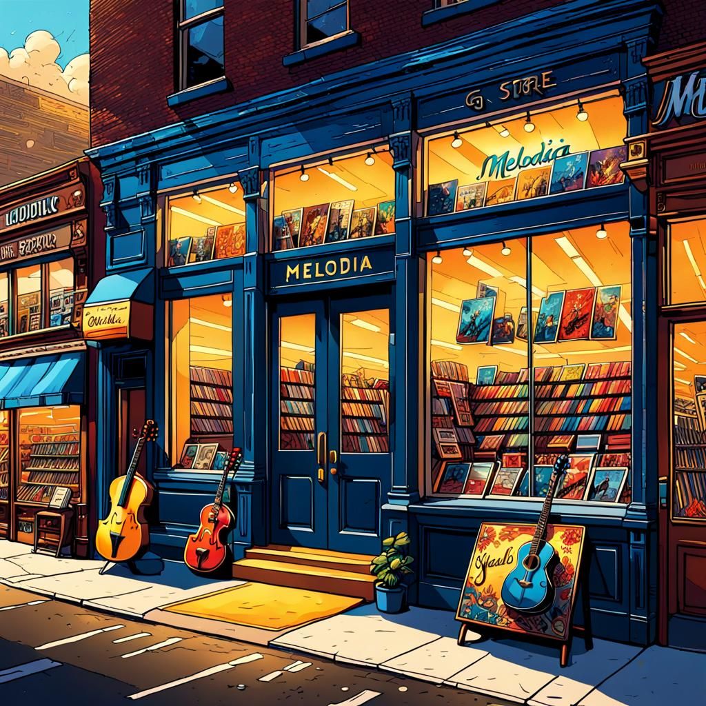Vibrant Music Store Display in Comic Book Style