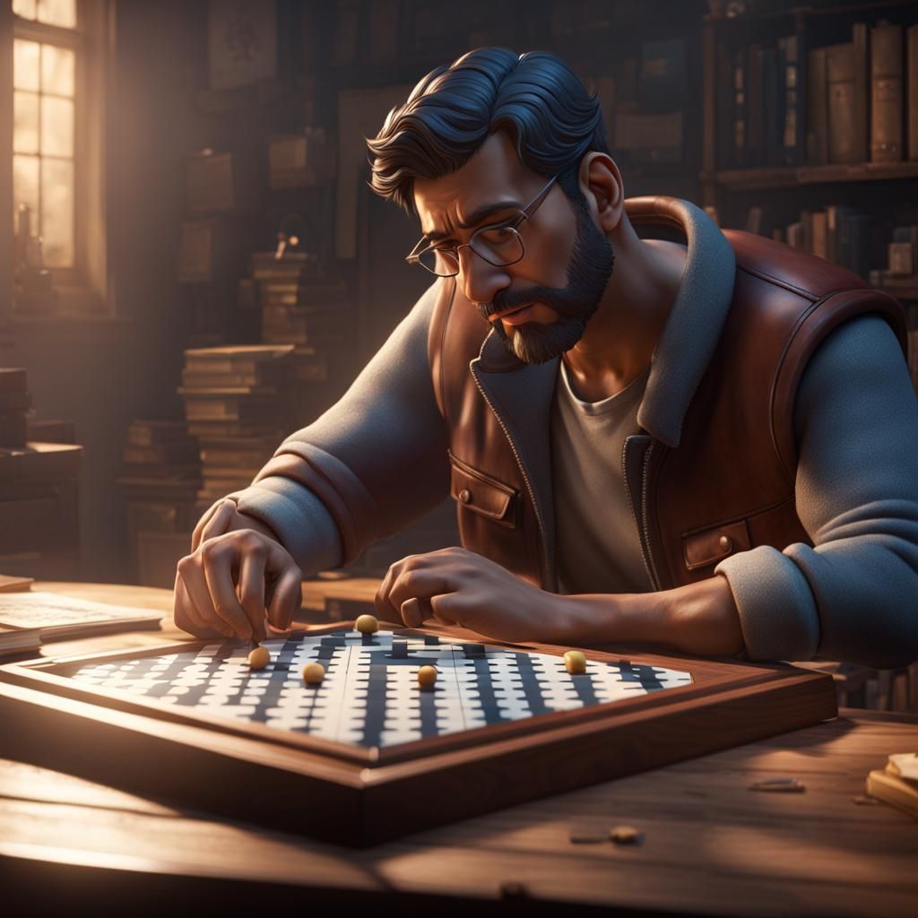 Man Struggles with Crossword Puzzle in 3D Style