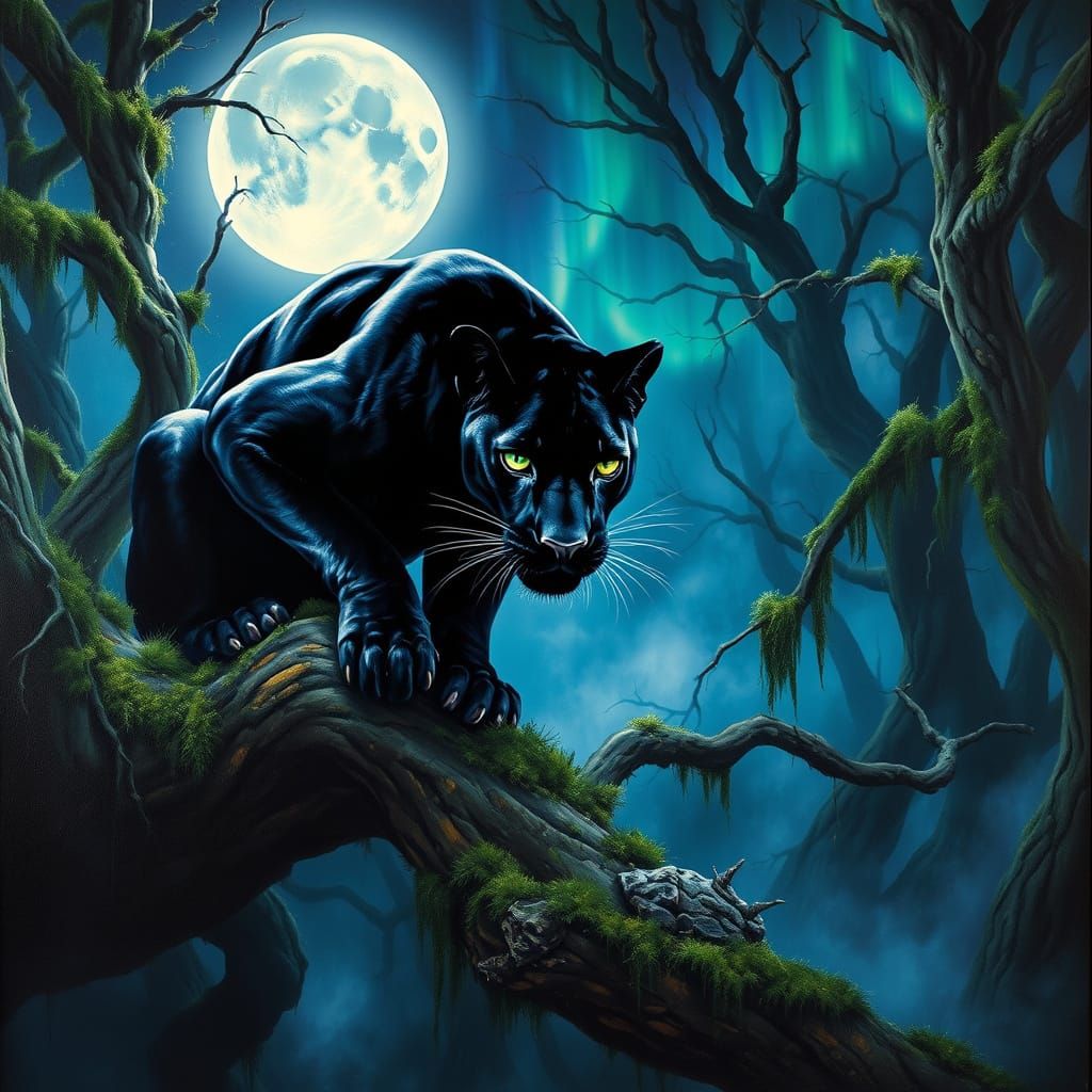 Majestic Black Panther in Moonlit Jungle Painting