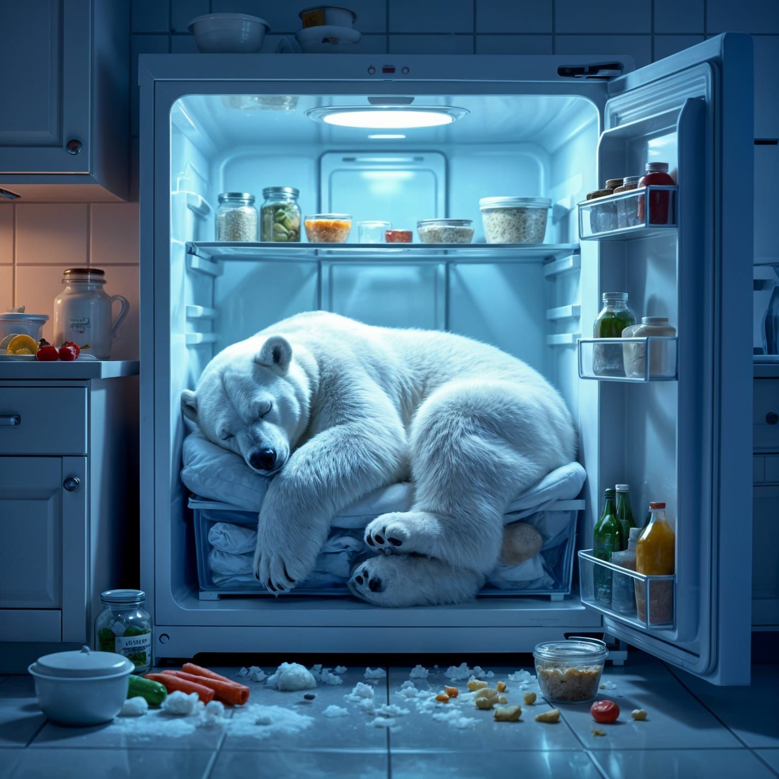 Surreal Polar Bear Sleeping in Refrigerator