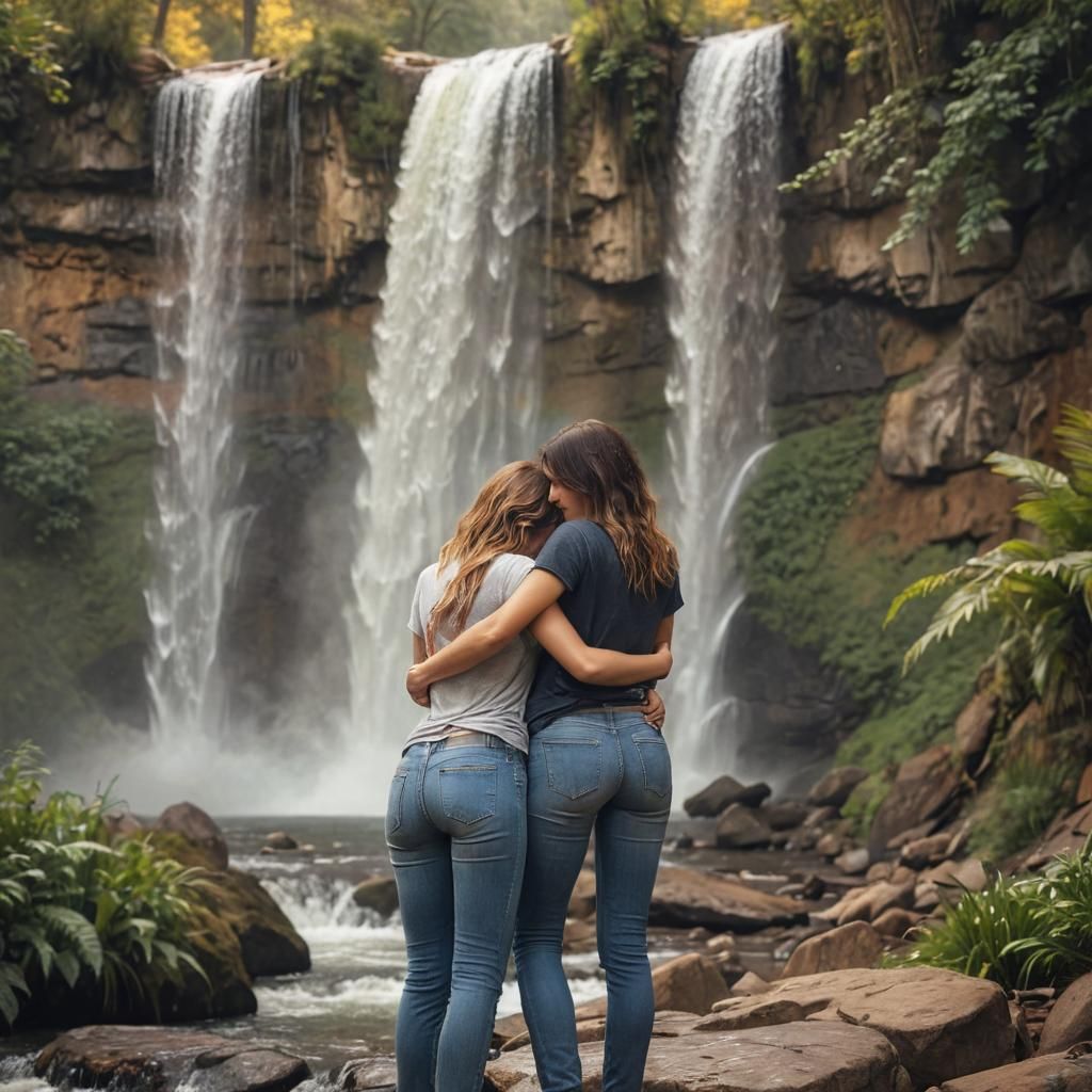 Lesbian Couple Cuddling by Waterfall in Digital Art