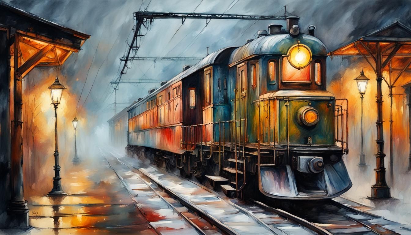 Christmas Train Station in Cubist Oil Painting Style