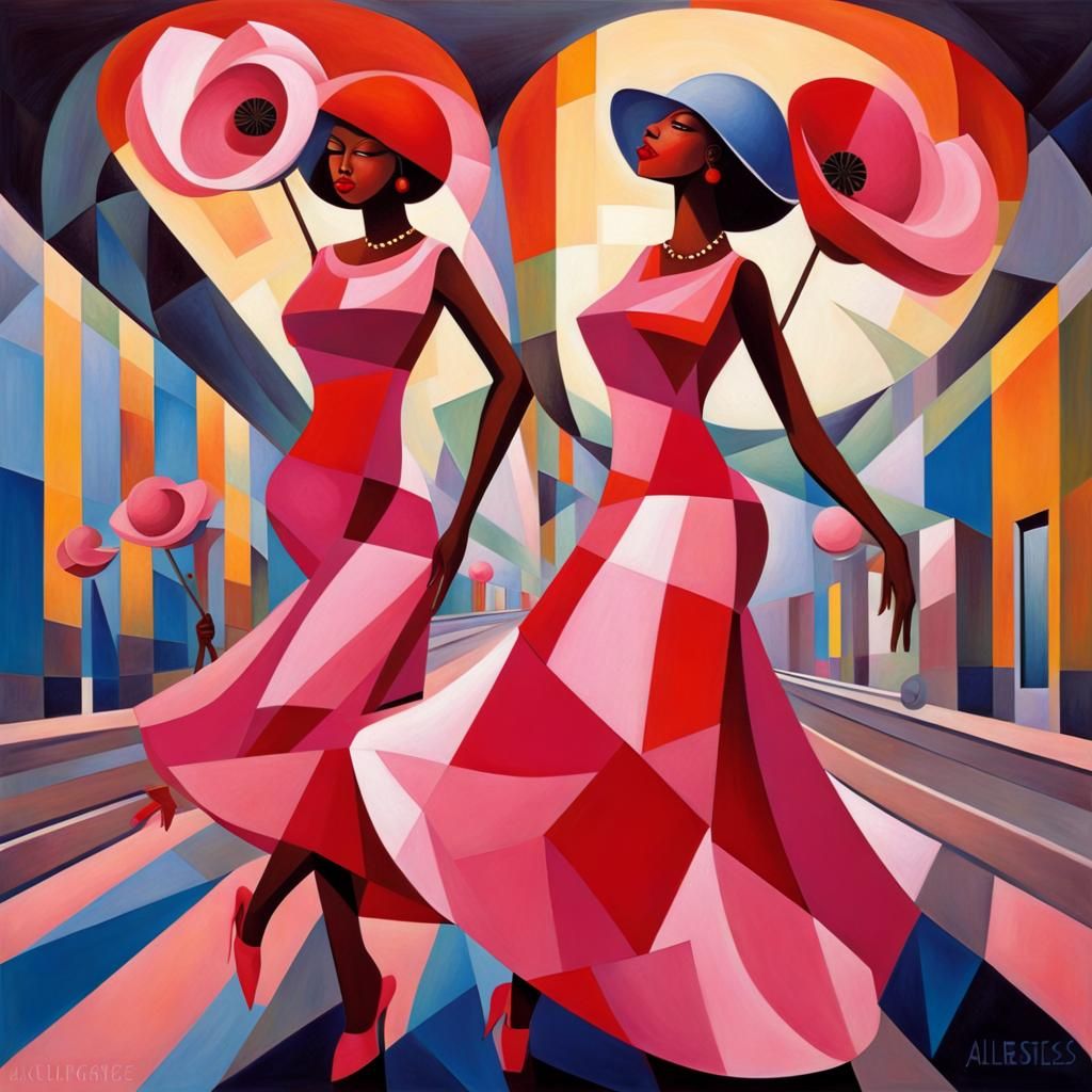 Abstract Dancing Girls with Poppies in Cubist Style