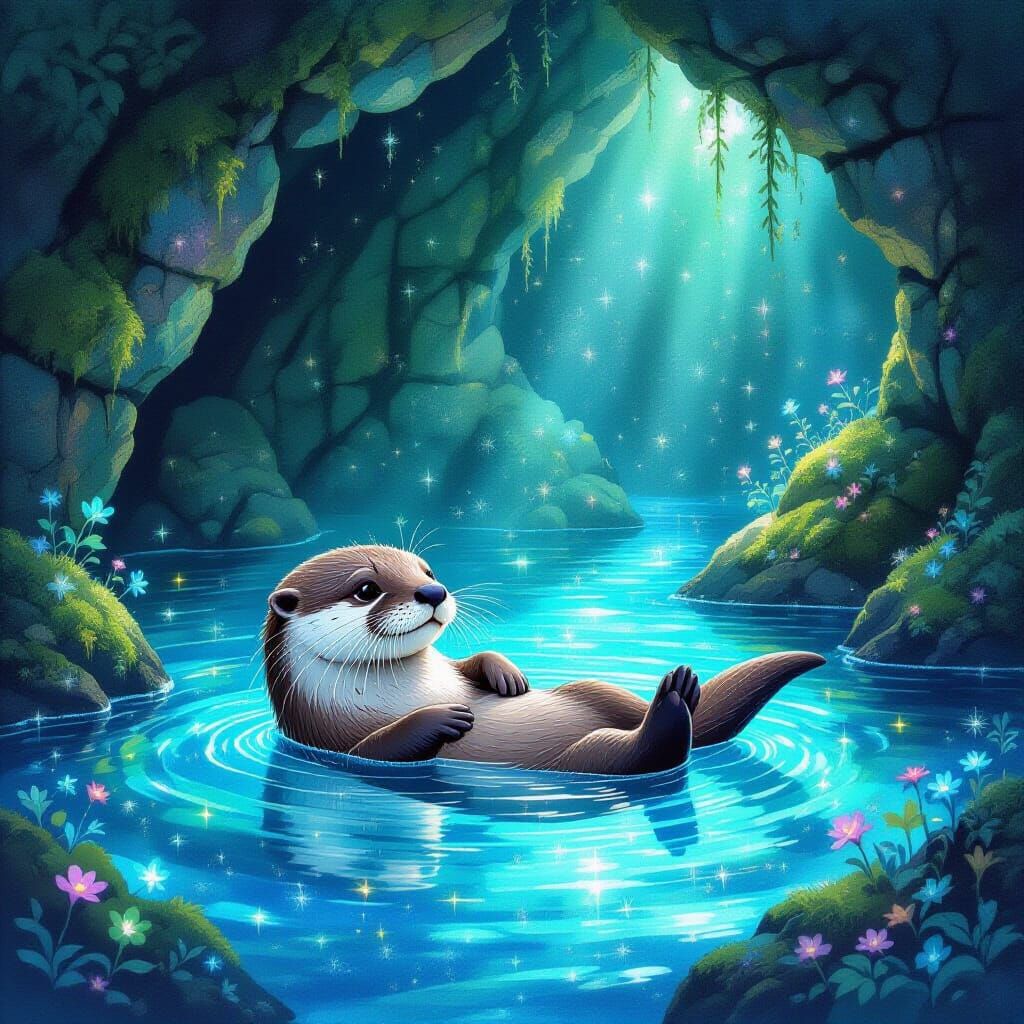 Whimsical Otter in Bioluminescent Grotto