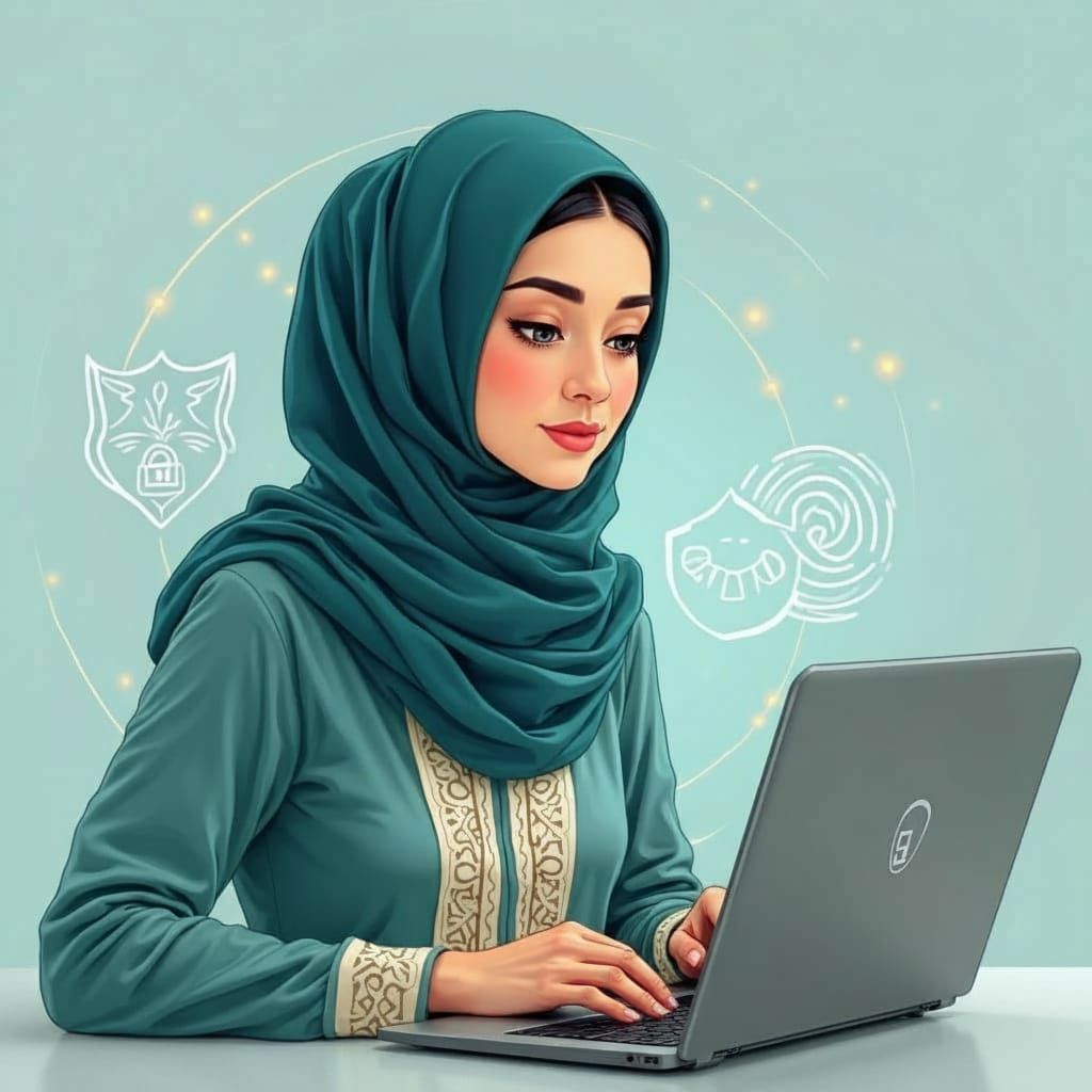 Empowered Afghan Woman Using Laptop for Digital Security