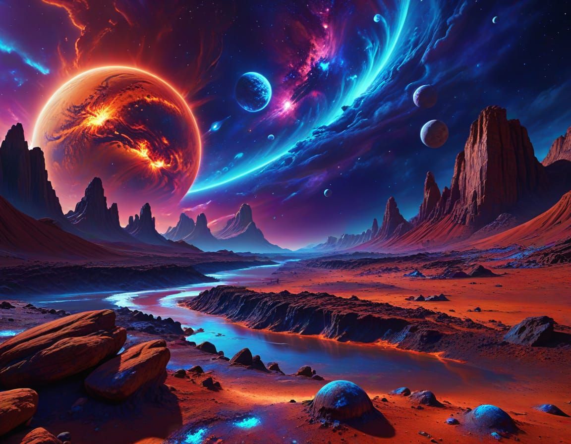 Electric Blue Venus and Red Mars Cosmic Art