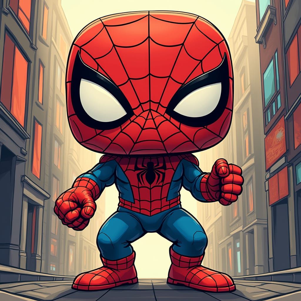 Comic Book Spiderman Funko Pop in Vibrant Cityscape
