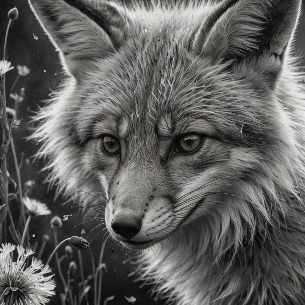 An intricate black and white sketch of a cute fox sniffing a...