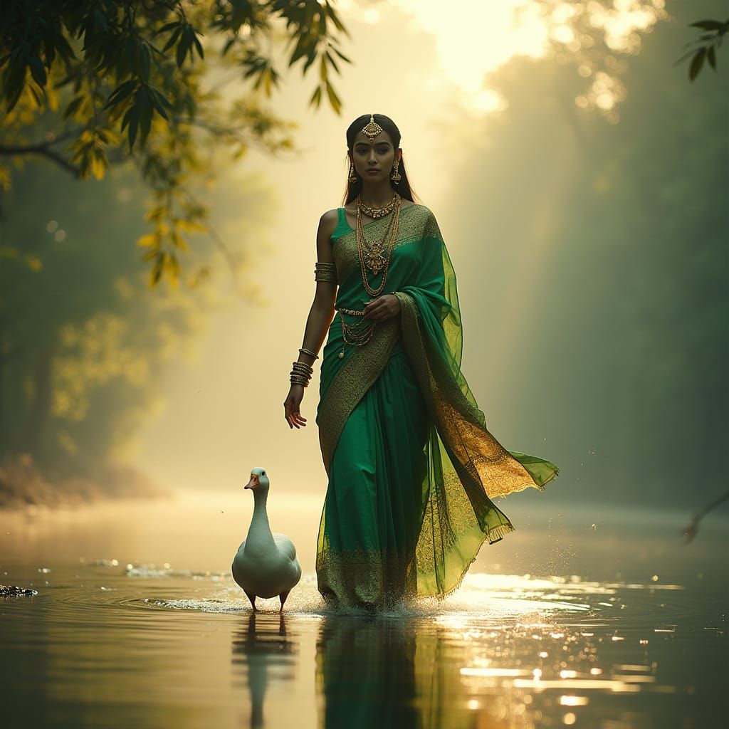 Saraswati Goddess Walks Serenely Over River in Majestic Gree...