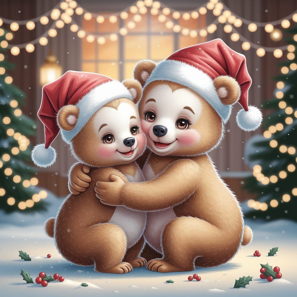 Mother and Child Bears Hugging in Cozy Christmas Snow