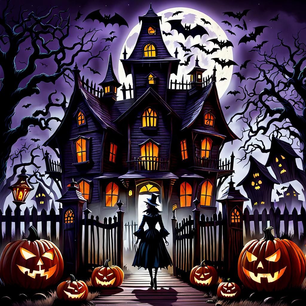 Creepy Haunted House with Zombies and Witch