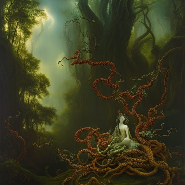 Surreal Gorgon Portrait in a Dark Forest