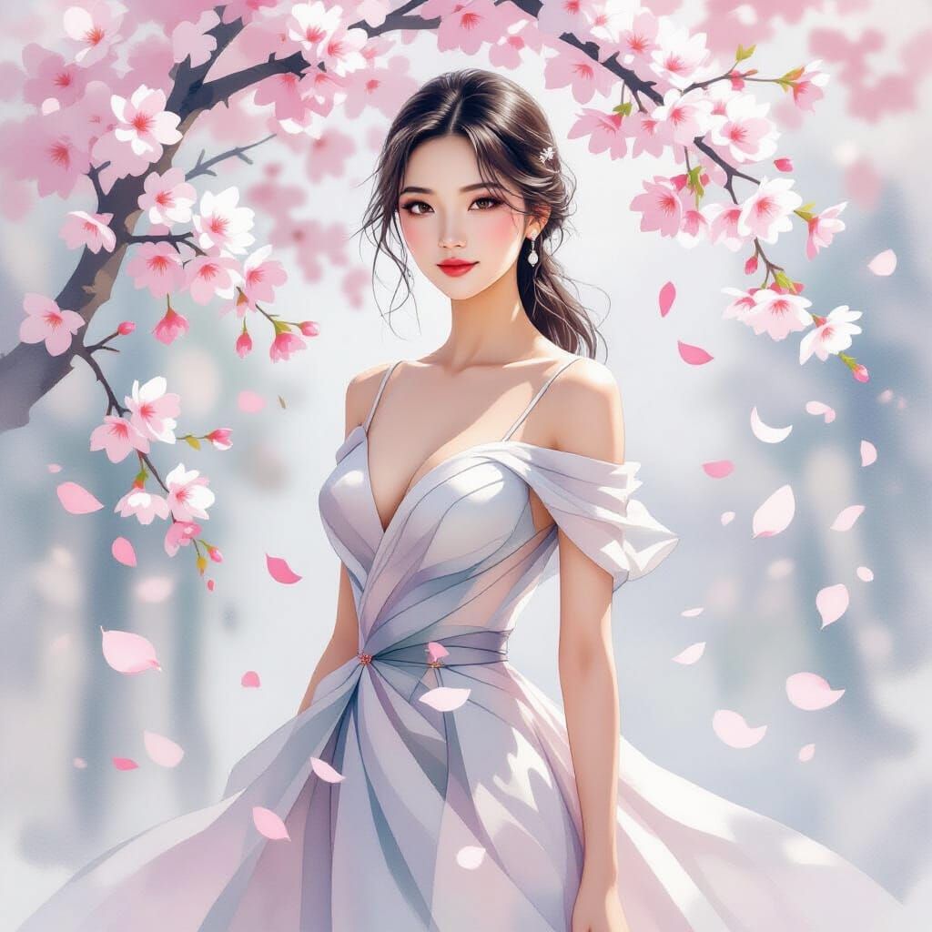 Elegant East Asian Woman in Sakura Shower