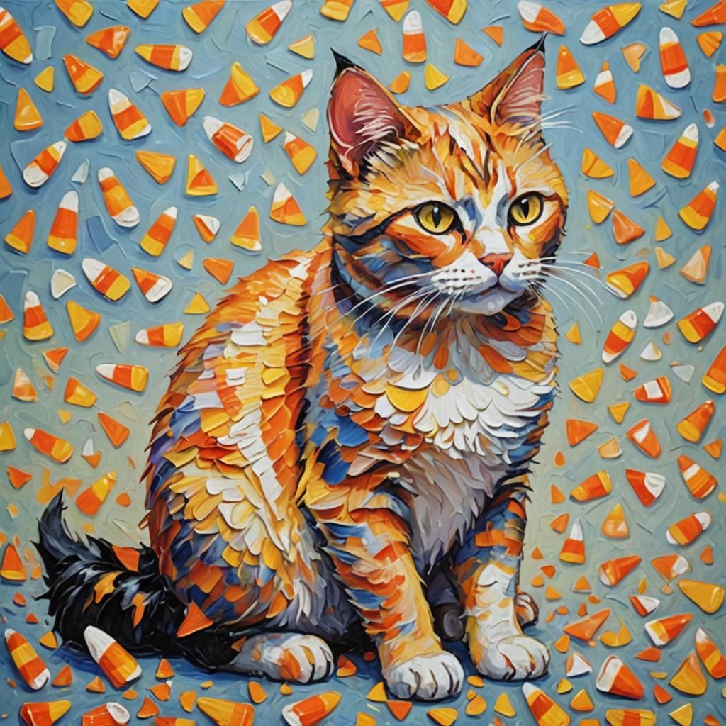 Candy Corn Cat in Expressionist Oil Painting