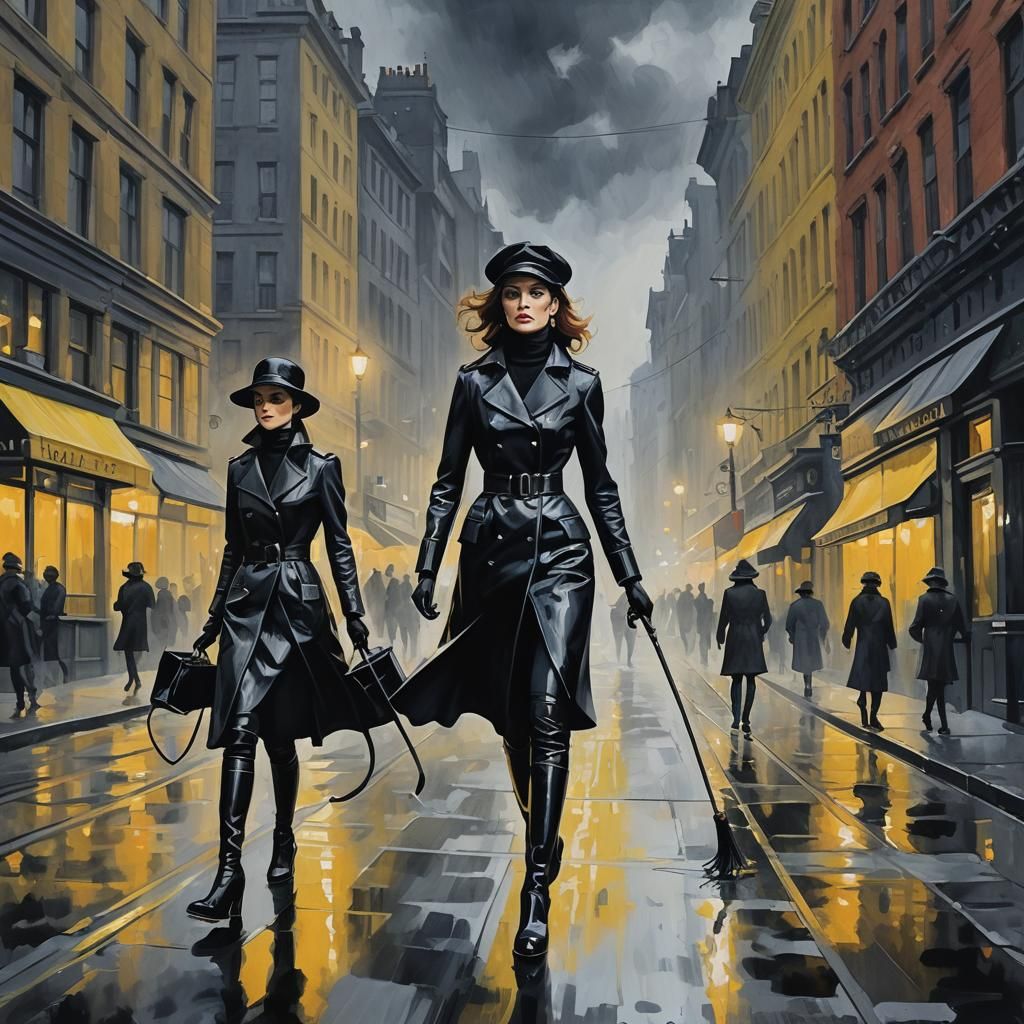 Women in Latex on Fleet Street: Fauvist Gouache Painting