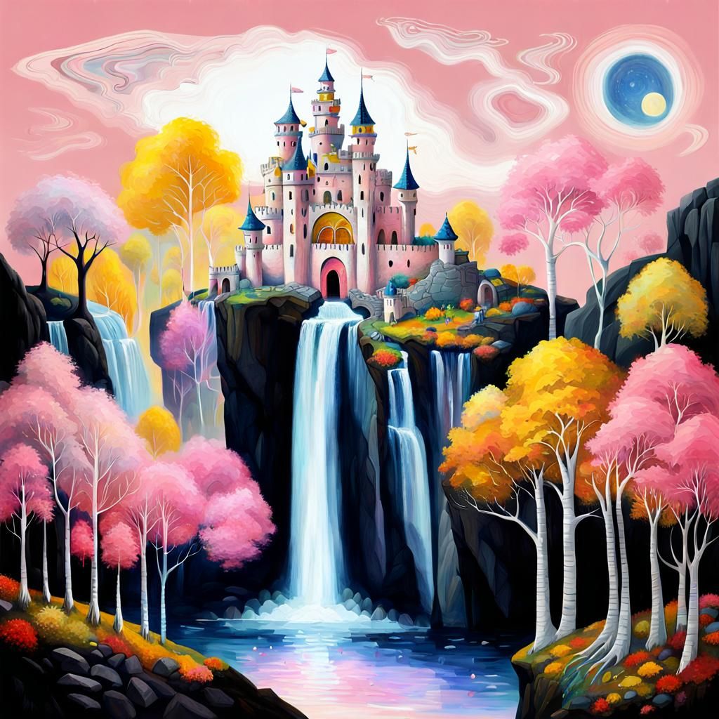 Magical Castle with Dragons: Surreal Digital Painting