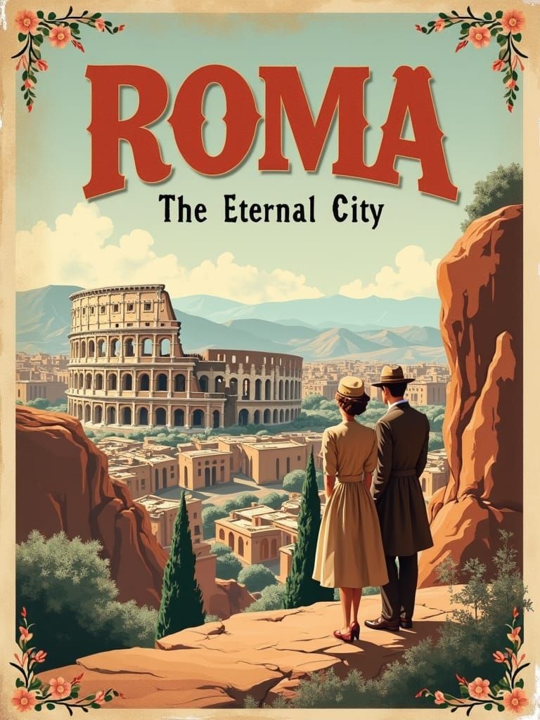 A 1950s vintage travel poster for Rome, Italy.