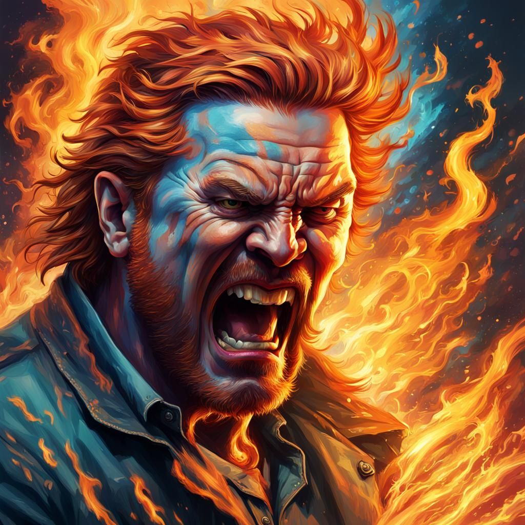 Fiery Haired Man Screaming: Hyperrealistic Splash Art