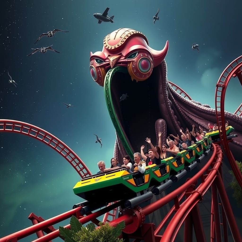 Extreme Roller Coaster Ride Into a Space Monster