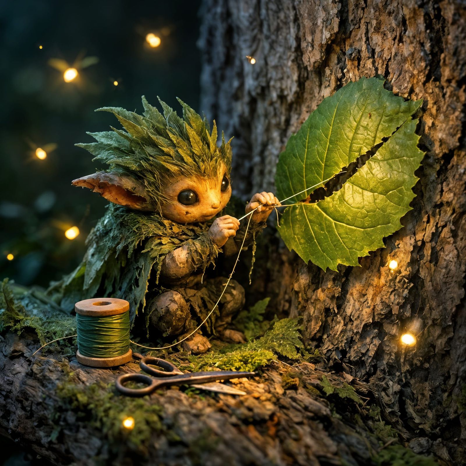 Forest Spirit Mends Leaf Under Firefly Light
