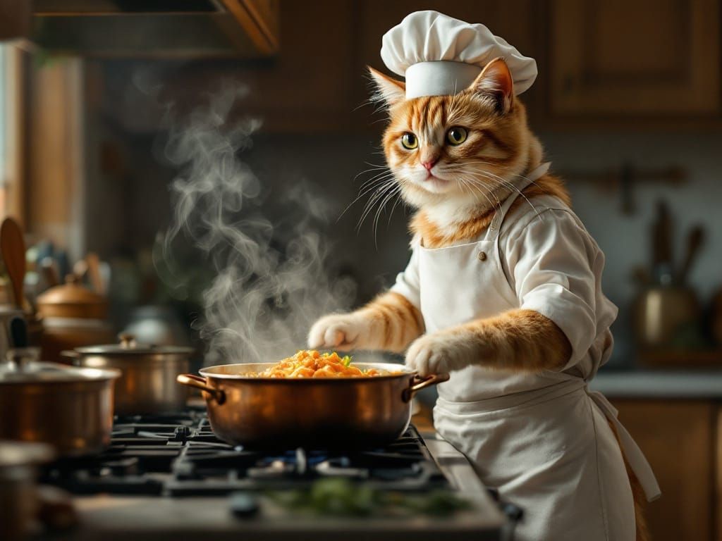 Realistic Feline Chef in Cozy Kitchen
