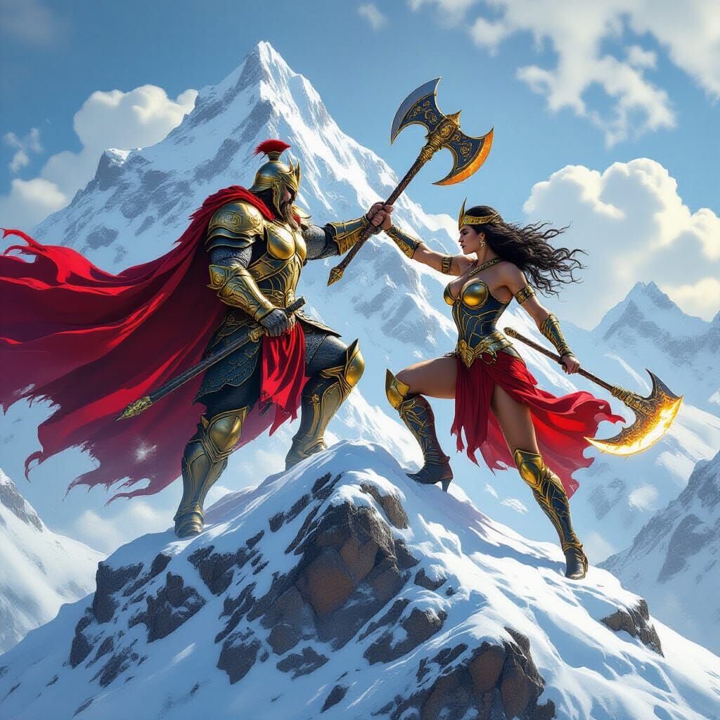 Colossal Warrior King Battles Amazon Queen on Mountain Peak