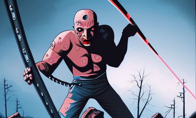 Half-Devil Man with Chainsaw Arms Comic Art