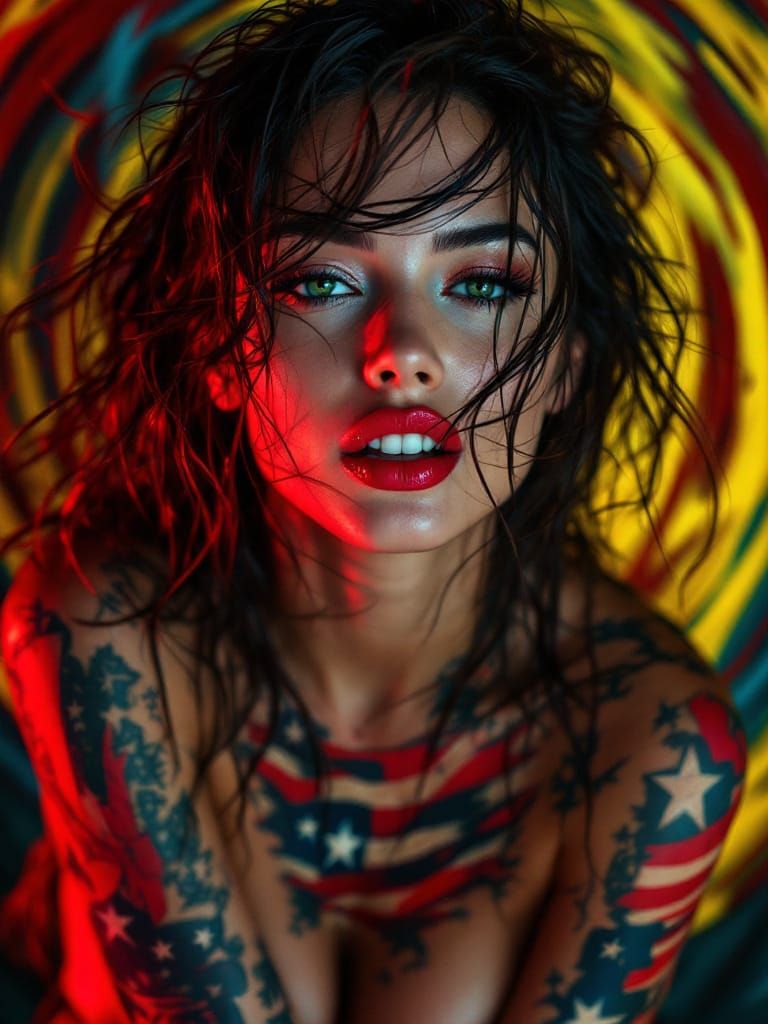 Sultry Siren with American Flag Tattoos in Van Gogh Style