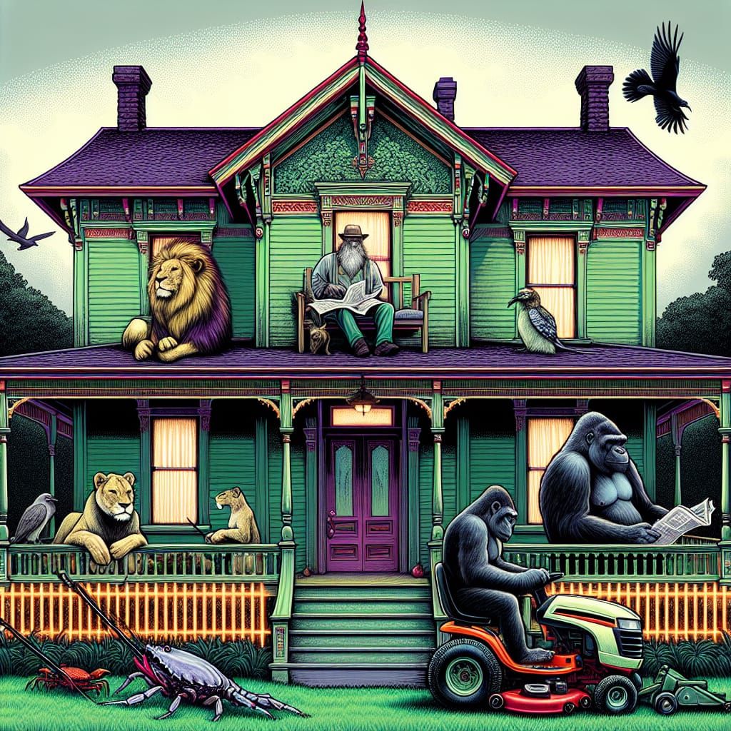 Victorian House with Animals Reading Newspapers