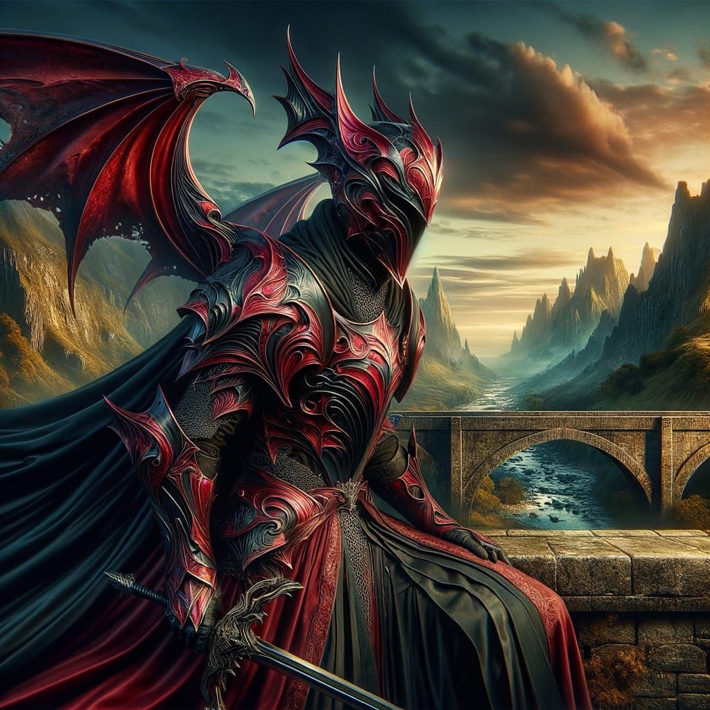 Crimson Knight on Stone Bridge: Dark Fantasy Scene