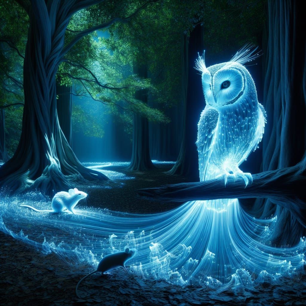 Radiant Blue Light Owl in Mystical Forest