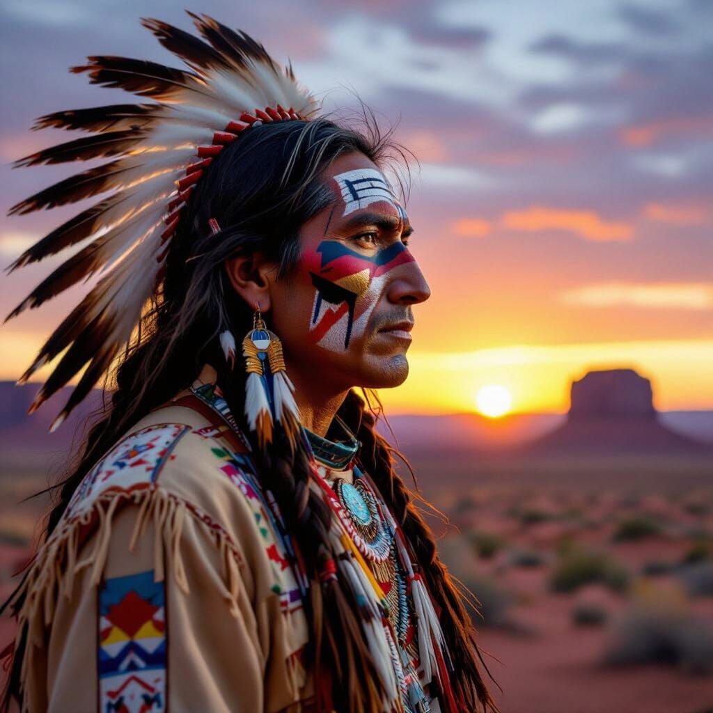 Native American Warrior in Monument Valley, Photorealistic S...