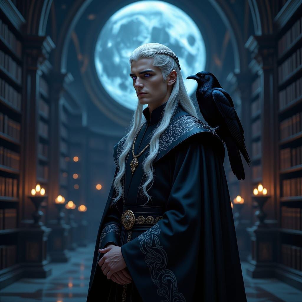 Aemon Targaryen in Moonlit Library, Dark Fantasy Portrait