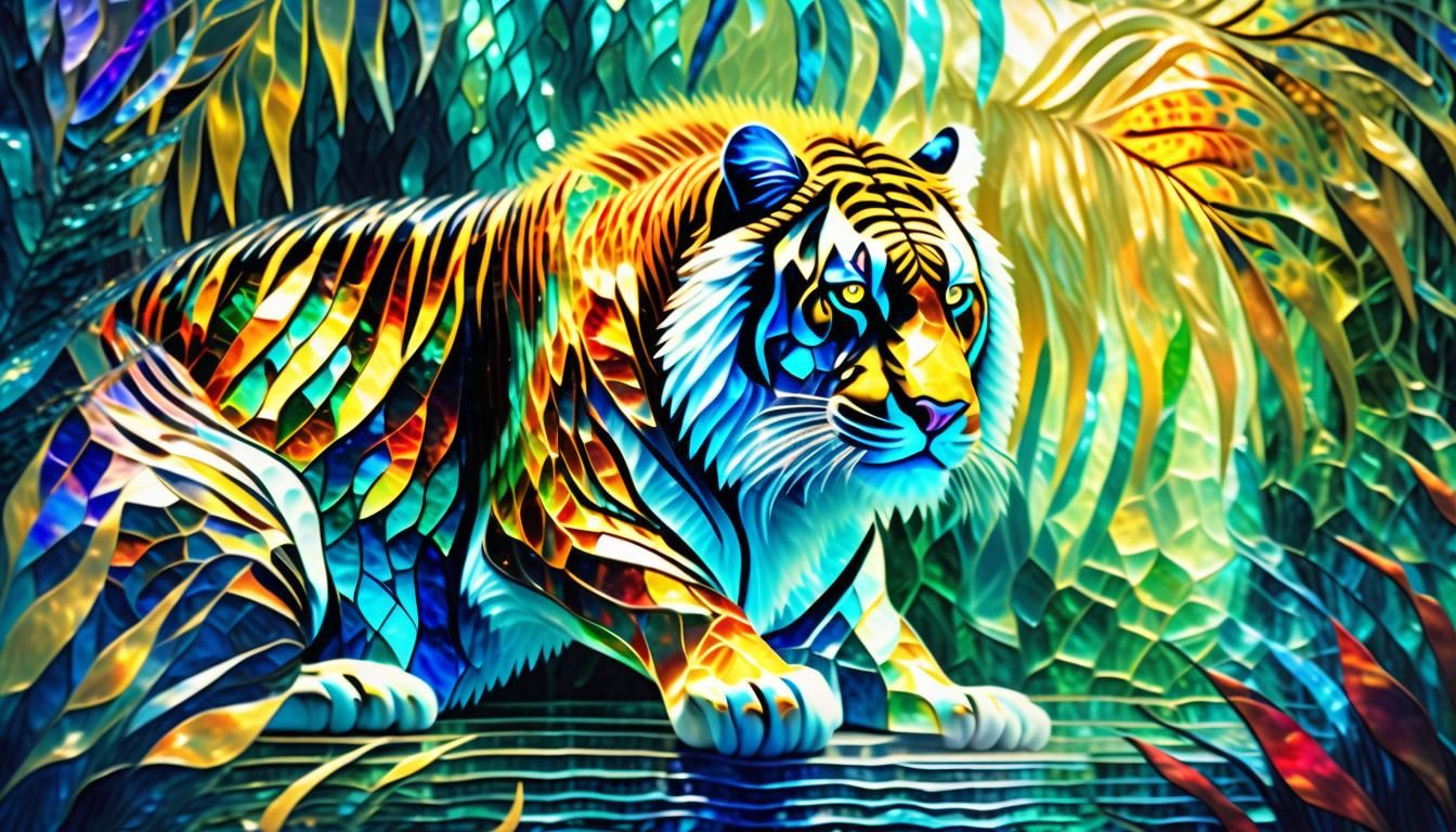 Quantum Glass Tiger in Jungle, Expressionist Style