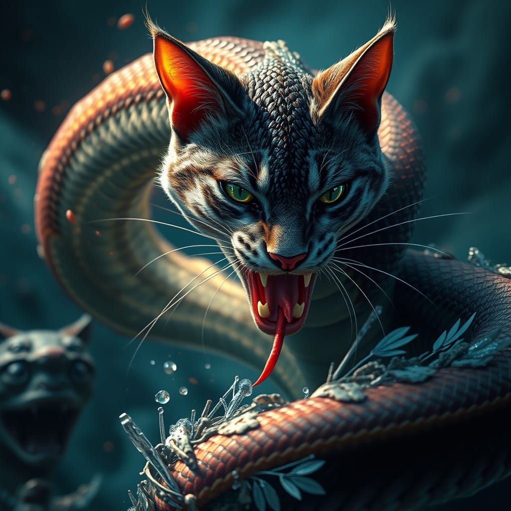 Fantastical Cat and Snake Battle in Vivid Colors