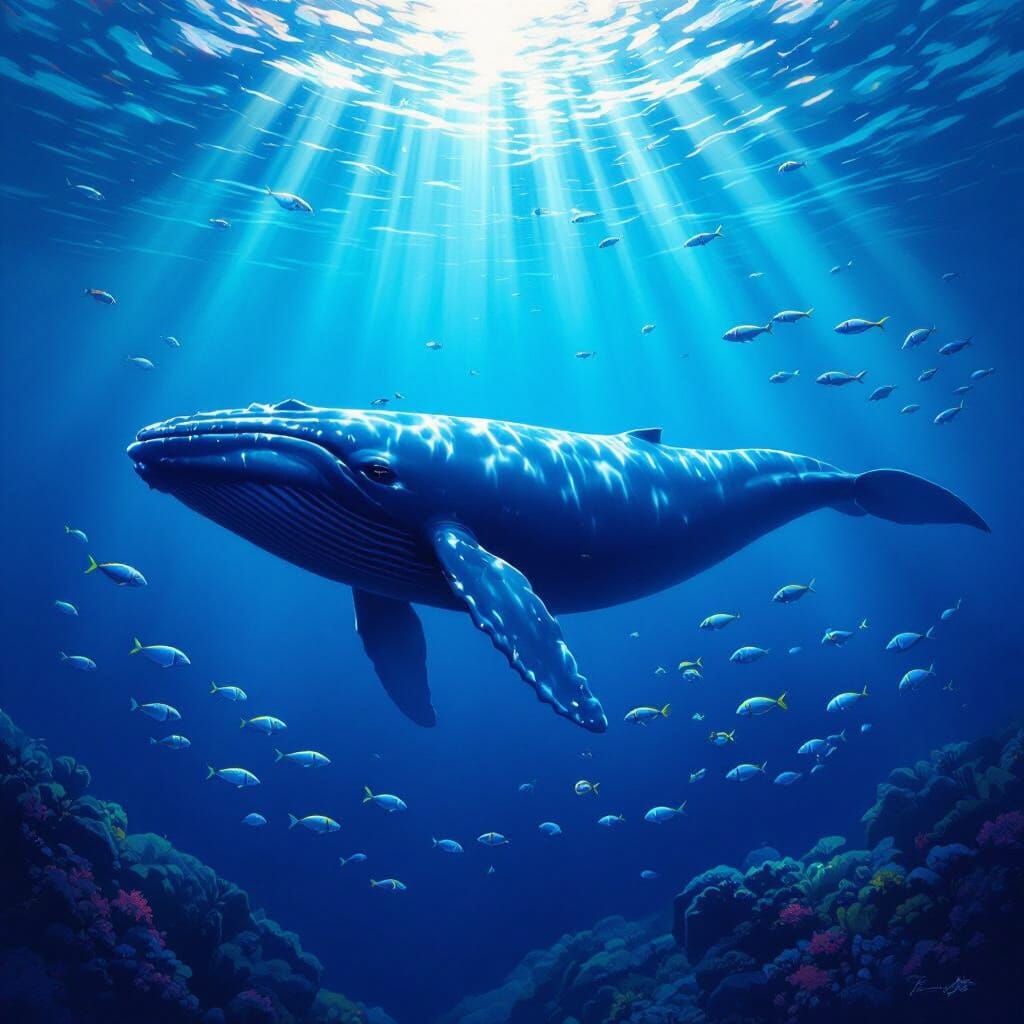 Majestic Blue Whale in Sunlit Deep Ocean