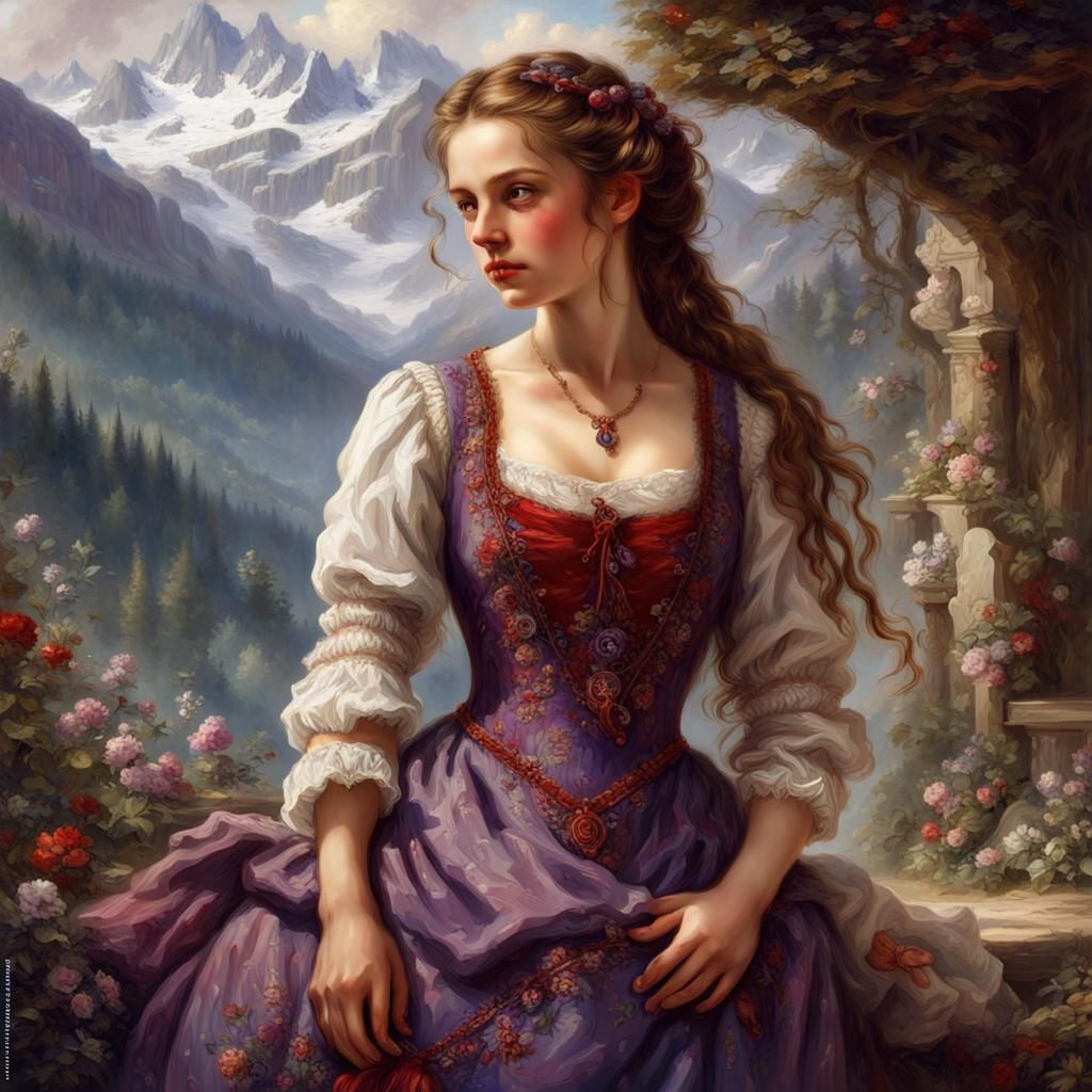 Beautiful Swiss female in the 1870s in the Alps