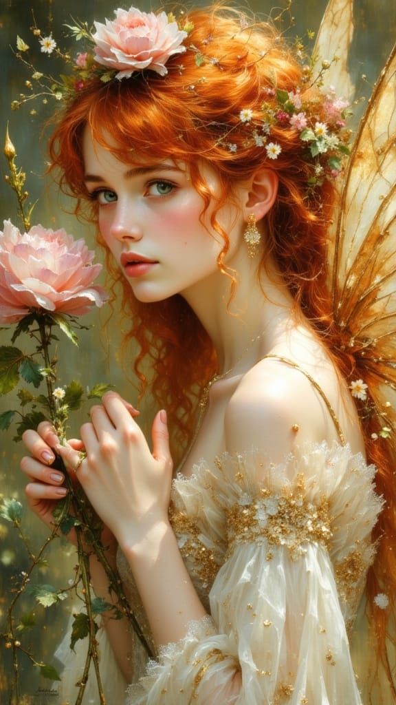 Red-Haired Fairy with Flower, as Oil Painting