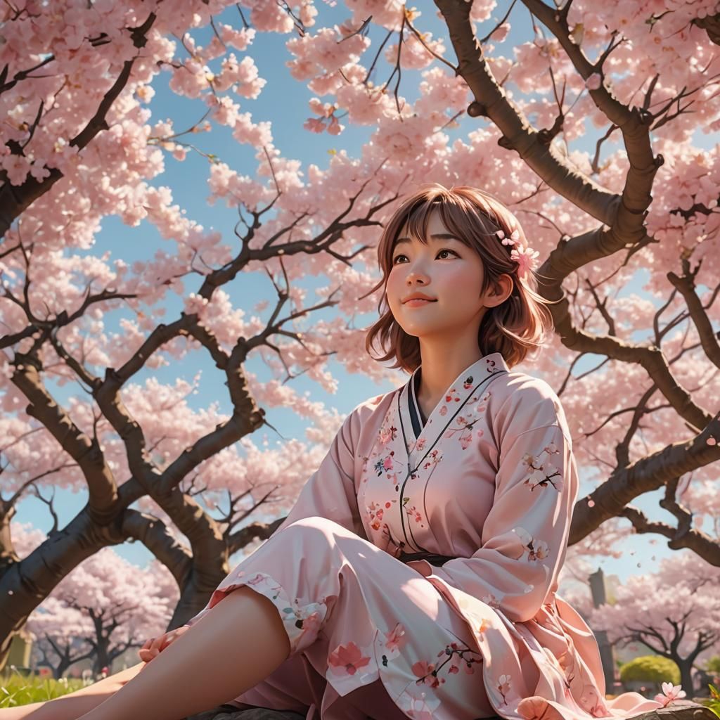 Anime Girl Under Cherry Blossom Tree in Ethereal Garden