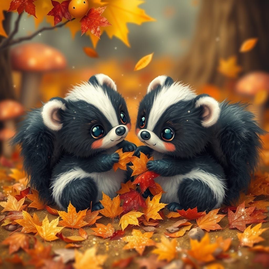 Kawaii Skunks Playing in Autumn Woodland