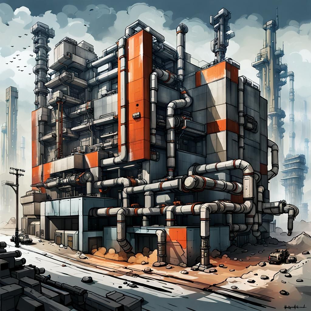 Brutalist Industrial Buildings in Harmonious Grey and Blue