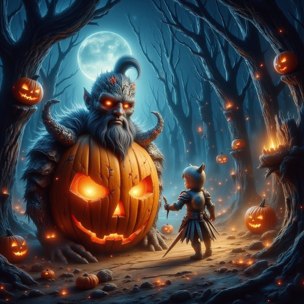 Knight Jousts Giant Pumpkin in Whimsical Halloween Forest