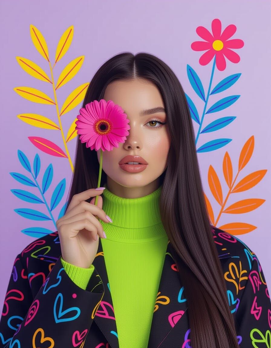 Surreal Woman with Flower, Pop-Art Portrait