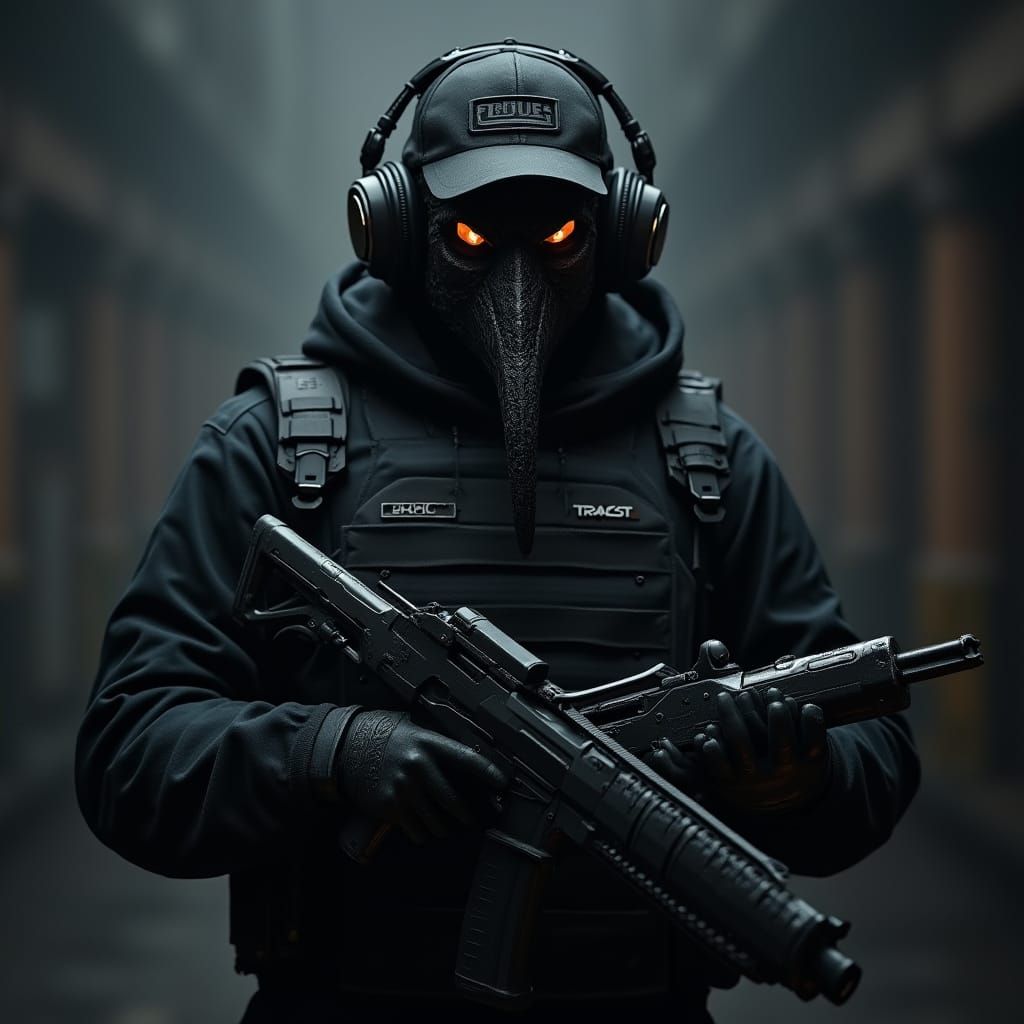 Menacing Figure in Cyberpunk Armor with Glowing Eyes