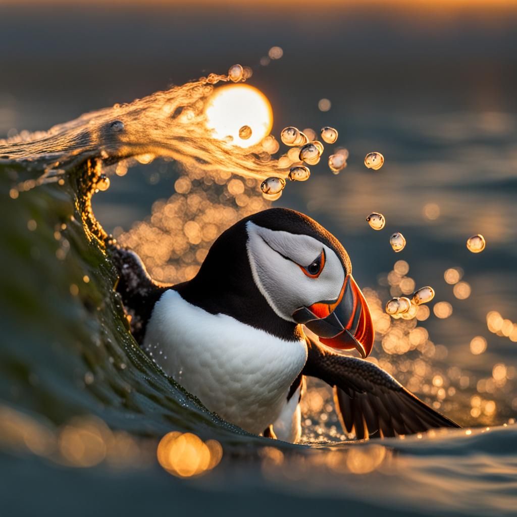 Puffin Emerges from Wave at Sunrise with Fish