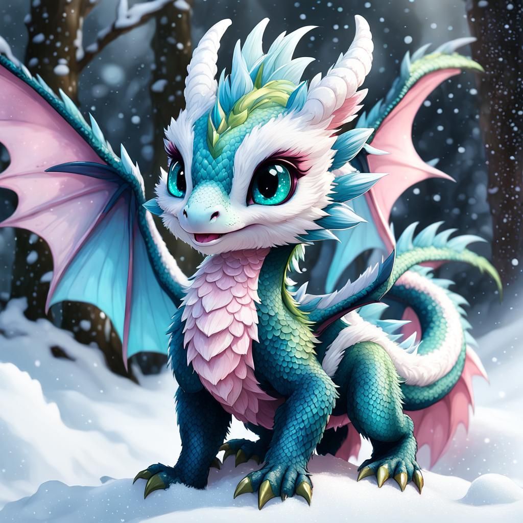 Chibi Dragon Playing in Snow, Detailed Digital Art