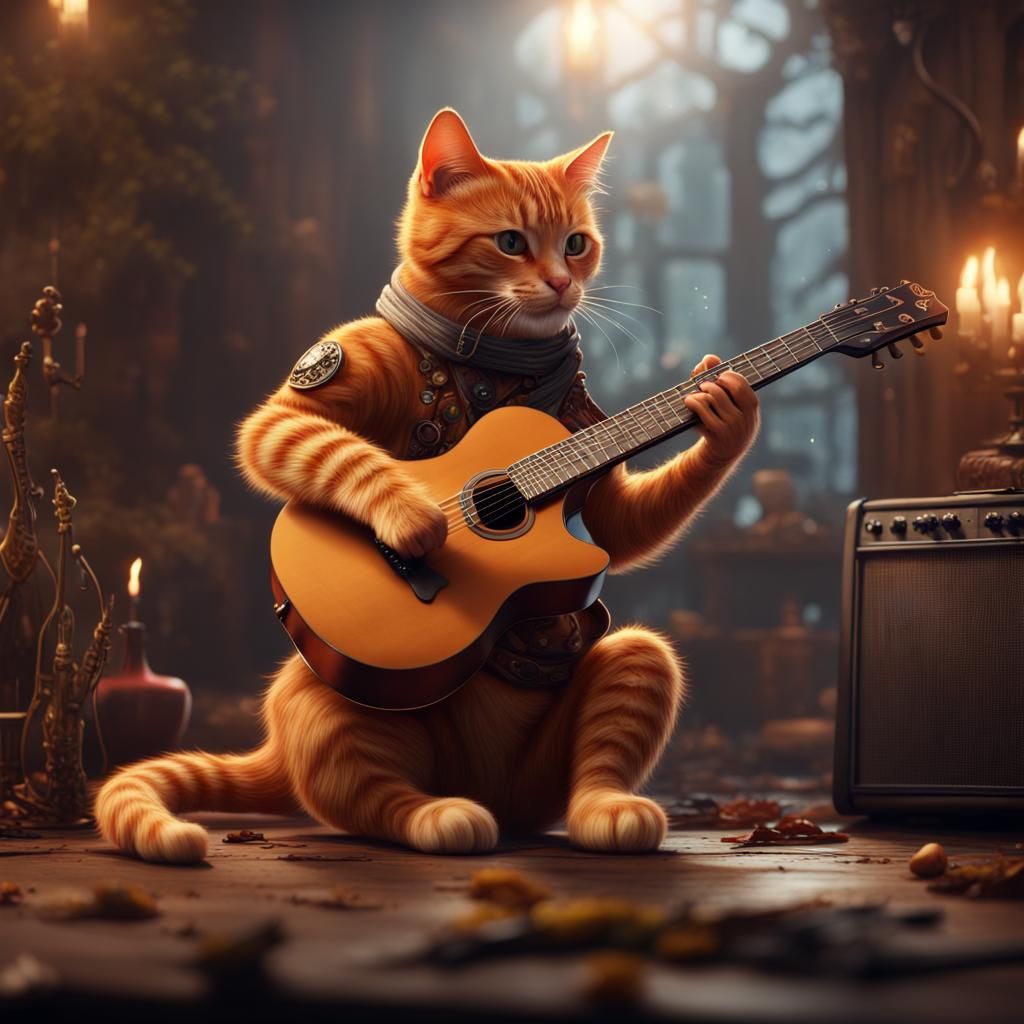 Ginger Cat Plays Guitar in Detailed Digital Painting