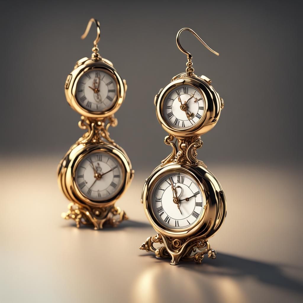 Surreal Melting Clock Earrings: 3D Digital Art