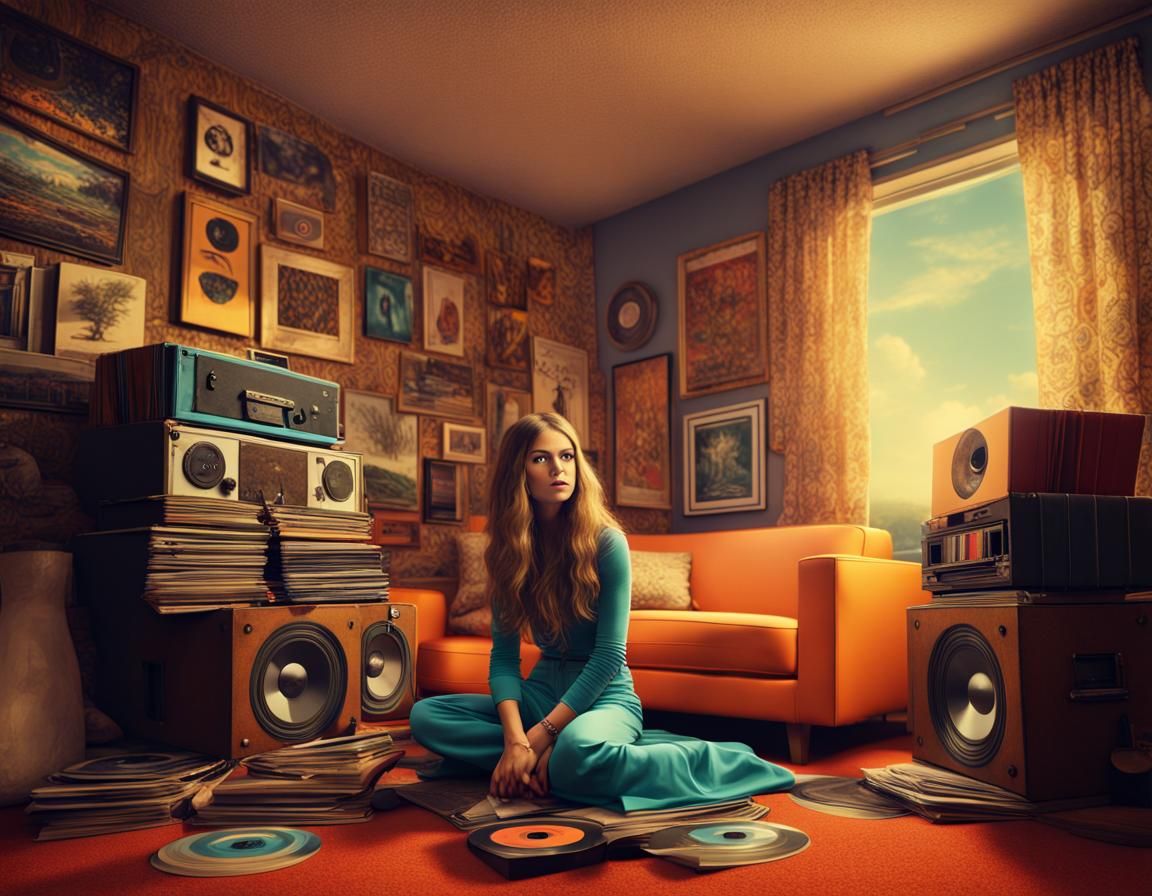 Retro 1970s Girl with Albums